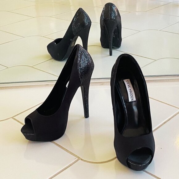 Steve Madden Black Glitter Peep Toe Platform Pumps, Size 7M - Picture 2 of 10